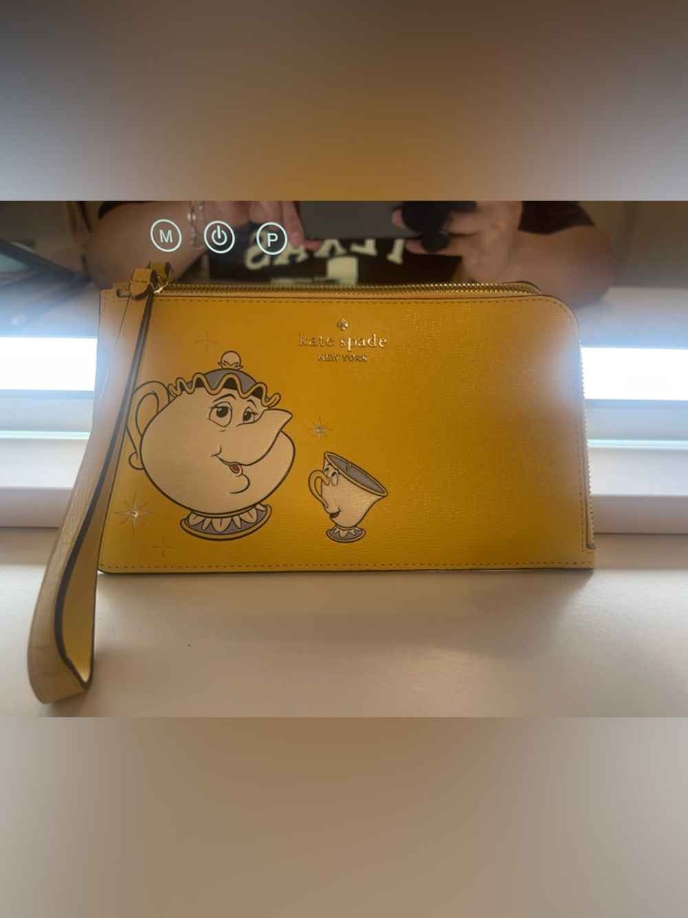 Kate Spade yellow Beauty and the Beast Mrs. Potts & Chip Wristlet